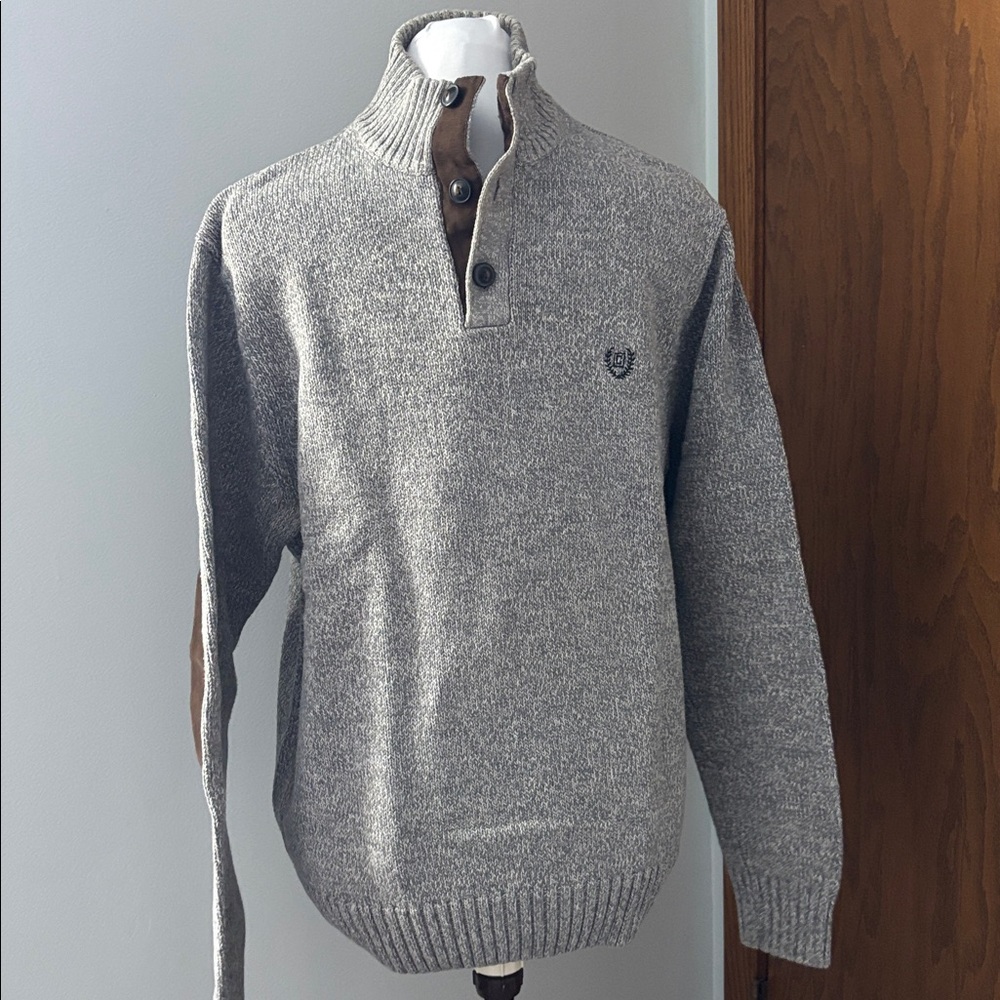 CHAPS Mock Neck Button Pullover Sweater Gray Brown Elbow Patches Knit Academia L